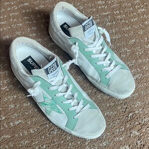 Golden Goose White and Light Green Sneakers